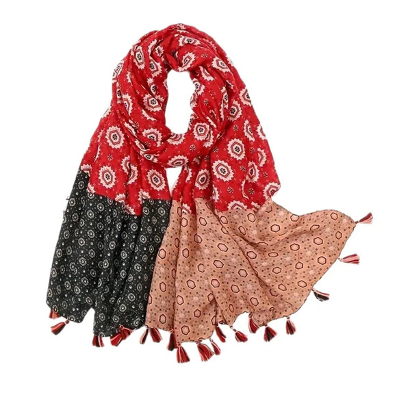 Geometric Print Silky  Lotus Tassel Shawl Thin Breathable Yarn Scarf/Shawl - Picture 2 of 3